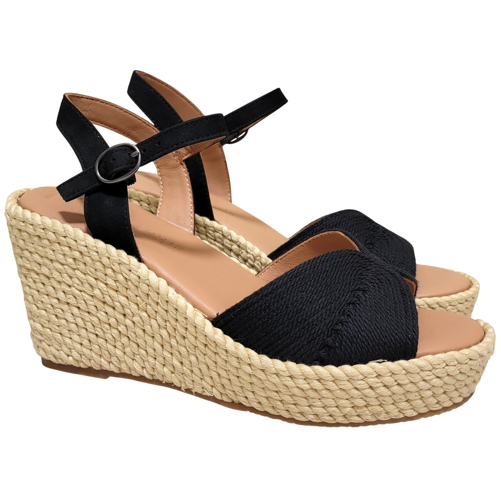 gentle souls Black Braided Espadrille Wedge Sandals